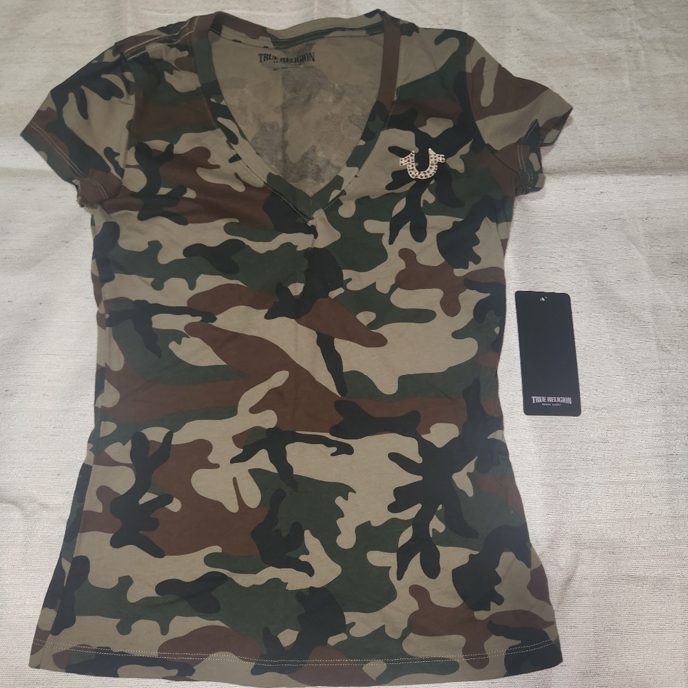 True Religion Crystal Rhinestone Foil Camo Logo T-shirt